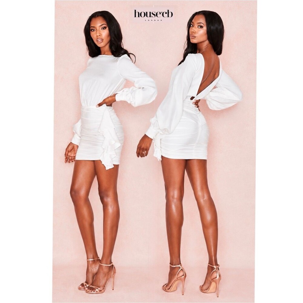 House of CB Chambery White Backless Ruched Mini Dress • NWT • Size S Open Back